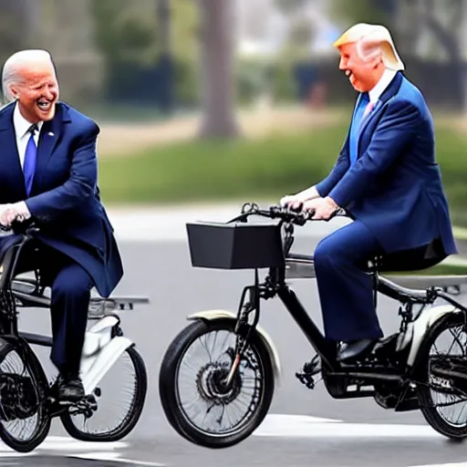 Prompt: joe biden and donald trump drunkenly riding two seater bike together, laughing and joking, photorealistic, detailed