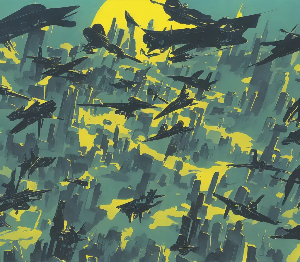 Image similar to angels in combat over seattle, modernism, gouache, animated film, stylised, illustration, by eyvind earle, scott wills, genndy tartakovski, syd mead