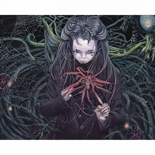 Image similar to portrait of crazy dark girl with spiders around, symmetrical, by yoichi hatakenaka, masamune shirow, josan gonzales and dan mumford, ayami kojima, takato yamamoto, barclay shaw, karol bak, yukito kishiro