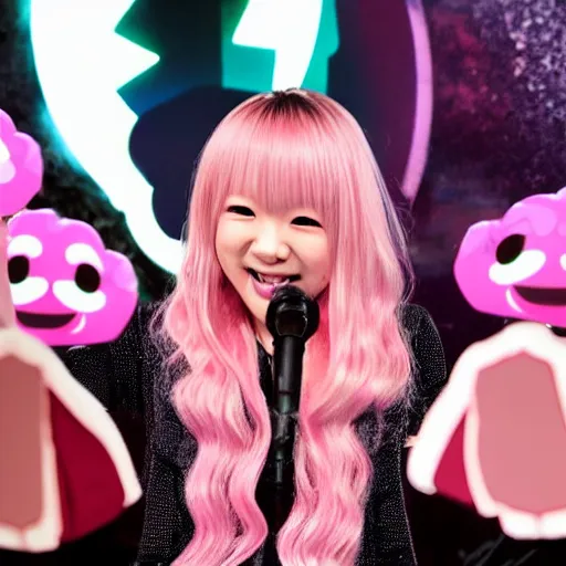 Prompt: chiaki nanami, a japanese girl with light beige-pink hair in a bob that curls outward, a galaga hairpin, a dark turquoise hoodie, and a kind smiling face stars in her own broadway show, chiaki nanami from danganronpa, proshot getty images fullbody stage lights, gamer themed, professional photography