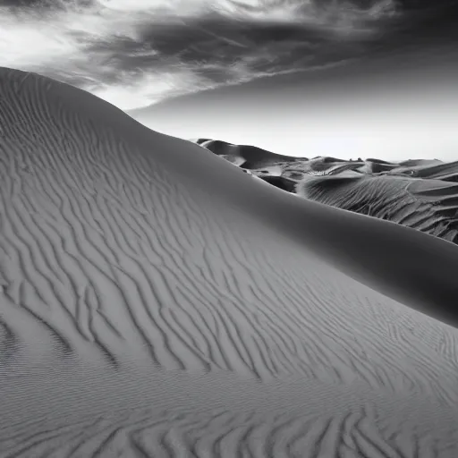 Prompt: dunes desert dry in the style of Sean Bagshaw and Ansel Adams