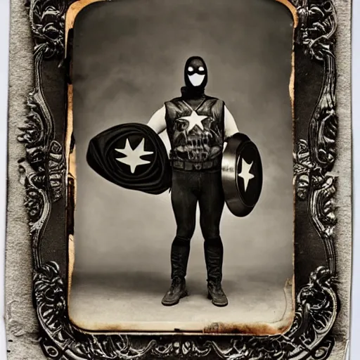 Image similar to tintype photographs of superheroes, masked wrestlers, monster hunters, technowizards