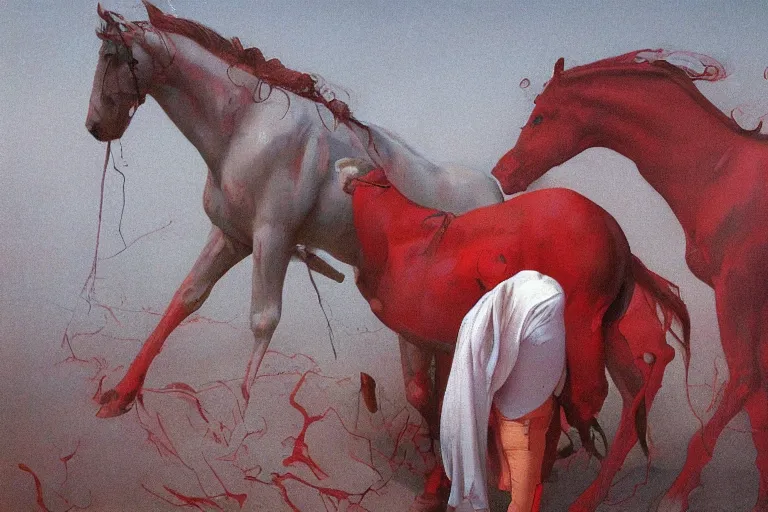 Image similar to only with white, a red horse, tokio, a lot of frogs watch, in the style of beksinski, parts by edward hopper, parts by rodcenko, parts by yue minjun, intricate and epic composition, red by caravaggio, insanely quality, highly detailed, masterpiece, red light, artstation, 4 k