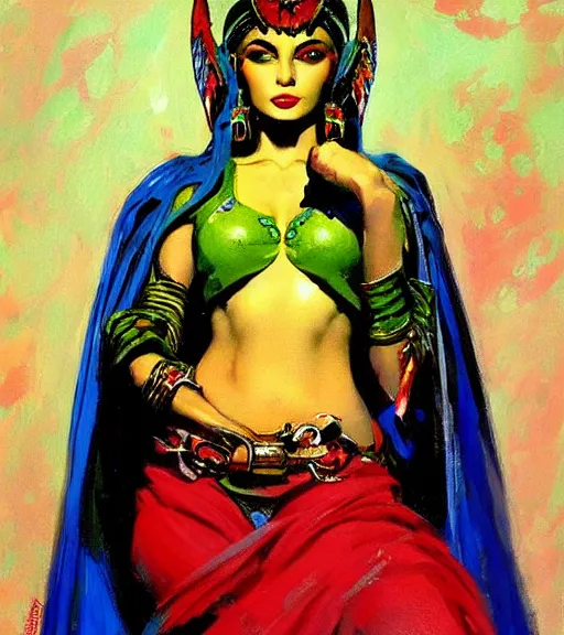 Image similar to portrait of junoesque iranian female chaos angel, beautiful! coherent! by frank frazetta, by brom, strong line, vivid neon color, shining metal power armor, iron helm, high contrast, maximalist