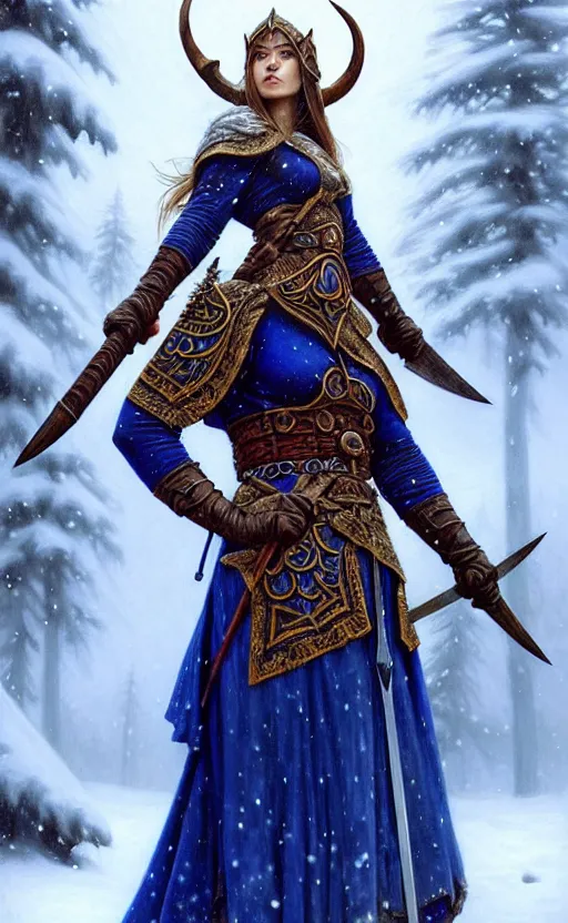 Image similar to lapis lazuli viking warrior, regal, elegant, winter, snow, beautiful, stunning, hd, illustration, epic, d & d, fantasy, intricate, elegant, highly detailed, wide angle, digital painting, artstation, concept art, smooth, sharp focus, illustration, wallpaper, art by artgerm and greg rutkowski and alphonse mucha and jin xiaodi