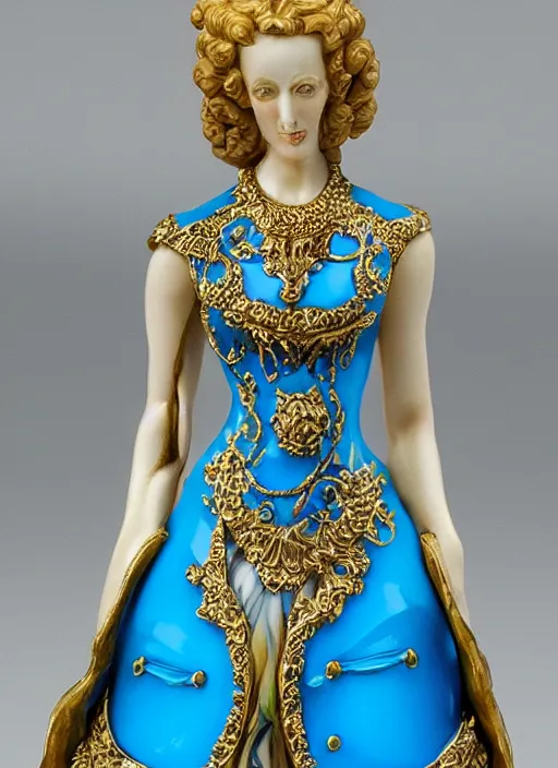 Image similar to 80mm, resin detailed model figure of a female wearing a blue baroque dress with glod ornaments