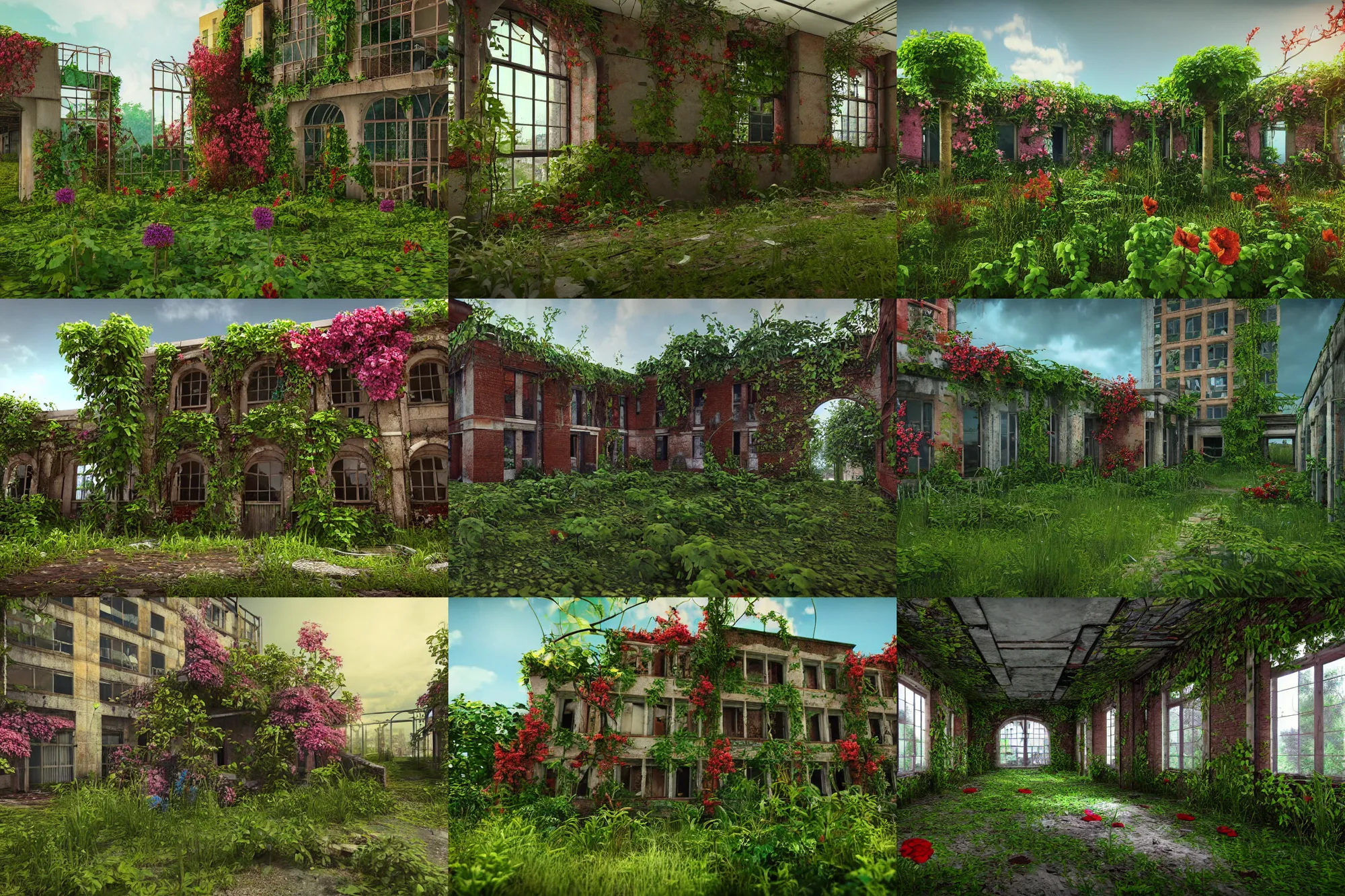 Prompt: abandoned hospital reclaimed by nature, vibrant colors, flowers, overgrowth, vines, 3 d render, unreal engine, realistic