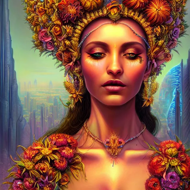 Prompt: Beautiful 3d render of the flower queen goddess in a sensual pose, centered, symmetry, with the third eye on her forehead, painted, intricate, volumetric lighting, beautiful, rich deep colours masterpiece, sharp focus, ultra detailed, in the style of Dan Mumford and marc simonetti, with a clear crowded futuristic cyberpunk dubai city in the background, astrophotgraphy