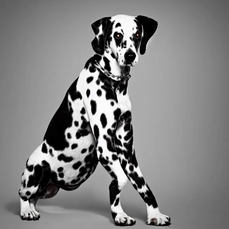 Image similar to vogue photoshoot octane render of dalmatian dog with white background, focus bright, very short depth of field, bokeh