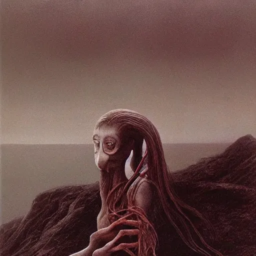 Image similar to by zdzisław beksinski, by ivan albright lifelike, accurate. a beautiful experimental art of a human - like creature with long, stringy hair. the figure has no eyes, only a mouth with long, sharp teeth. the creature is standing on a cliff overlooking a dark, foreboding sea.