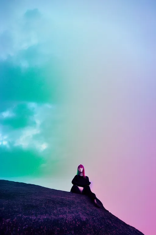 Image similar to high quality pastel coloured film close up wide angle photograph of a model wearing clothing resting on cloud furniture in a icelandic black rock environment in a partially haze filled dreamstate world. three point light, rainbow. photographic production. art directed. pastel colours. volumetric clouds. pastel gradient overlay. waves glitch artefacts. extreme facial clarity. 8 k. filmic.