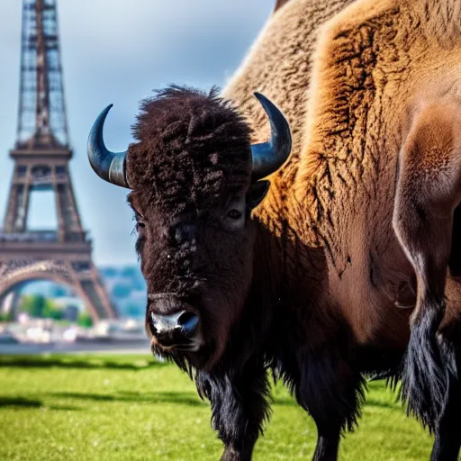 Image similar to photo of a bison on the background of the Eiffel Tower, 50mm, beautiful photo