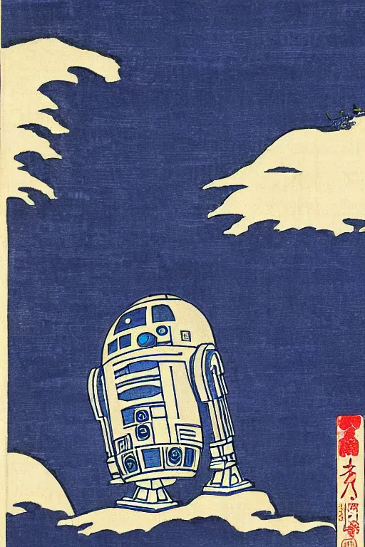 Image similar to Japanese woodblock print of r2d2, hokusai