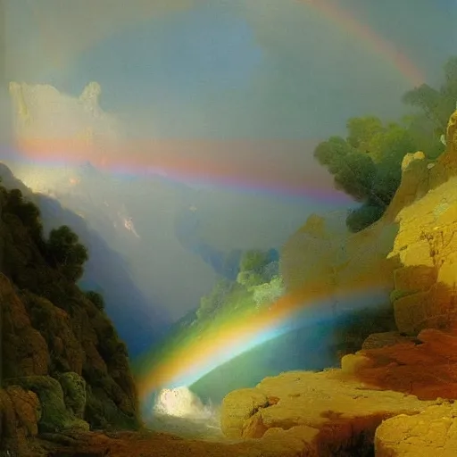 Prompt: A waterfall on a canyon with a rainbow in the sky detailed painting beautiful artwork by Ivan Aivazovsky