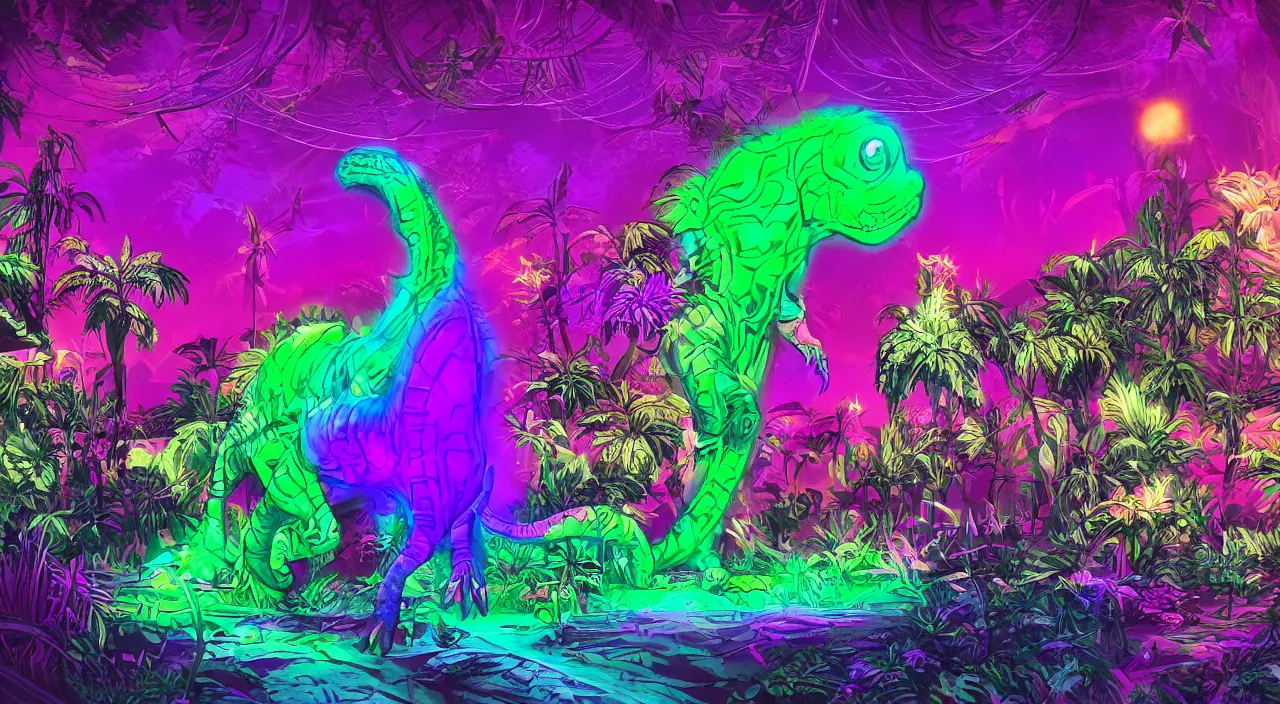 Image similar to spectral purple neon dinosaur, spectral neon pink dinosaur, spectral yellow neon dinosaur, green jungle background, detailed, ultrawide landscape