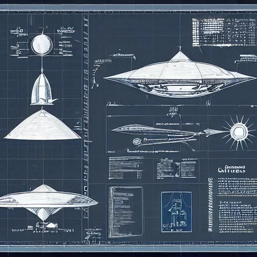 Prompt: technical drawing explaining the concept of ufo space ship, blueprint, detailed map, scientific, x - rays, infographic