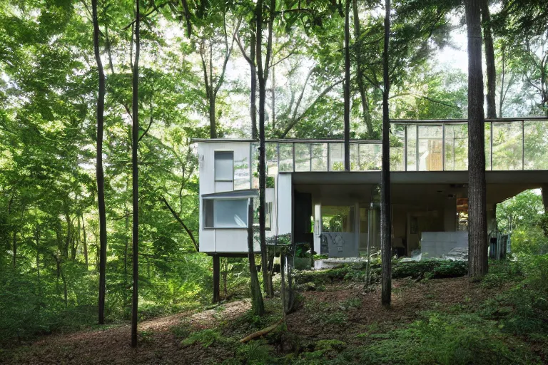 Prompt: mid - century modern home, three stories with a front porch and balcony, nestled into a clearing in a forest, light shining through the foliage