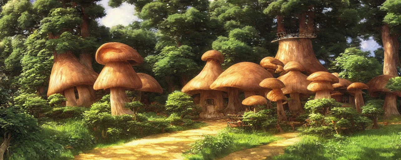 Image similar to ghibli illustrated background of a mushroom shaped house by eugene von guerard, ivan shishkin, john singer sargent, 4 k