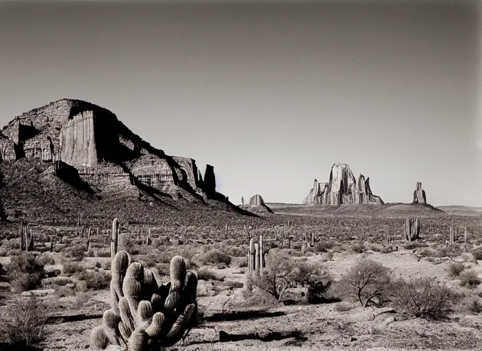 Image similar to Distant view of a huge cathedral mesa with cactus in the foreground, albumen silver print by Timothy H. O'Sullivan.