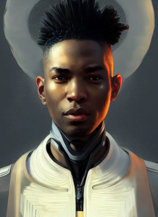 Image similar to portrait of a young black man with a mohawk and a solid black eyes, wearing futuristic techwear highly detailed, digital painting, artstation, concept art, smooth, sharp focus, illustration, art by wlop, uang guangjian and gil elvgren and sachin teng and greg rutkowski