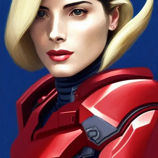 Image similar to A combination of Grace Kelly's and Ada Wong's and Ashley Greene's appearances with blonde hair wearing Forerunner armor from Halo, high tech, action shot, angular, full body portrait, futuristic, dramatic, fantasy, intricate, elegant, highly detailed, artstation, matte, sharp focus, 8K, art by Artgerm and Greg Rutkowski and Alphonse Mucha