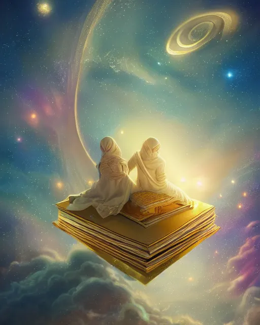 Image similar to the quran descending from the galaxy into clouds highly detailed, gold filigree, romantic storybook fantasy, soft cinematic lighting, award, pastel color palette, featured on artstation