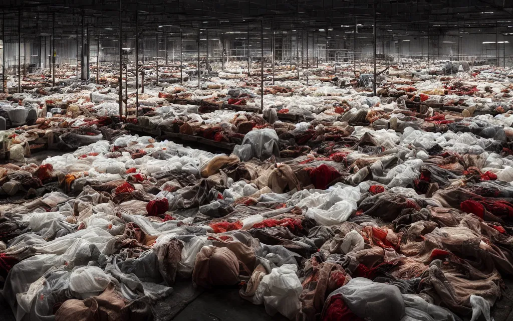 Prompt: A photo of pallets and plastic bags full of bloody slowly rotting body parts and organs in a modern clean warehouse, photorealistic, creepy, bloody, atmospheric, horror, gore, cinematic, intricate, featured on artstation