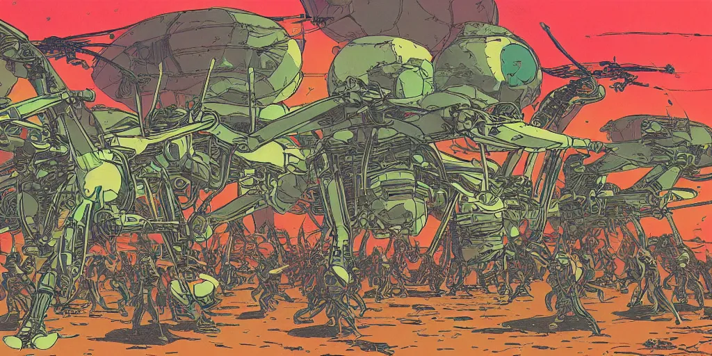 Prompt: risograph frame from the movie starship troopers, a million warrior bugs attack whiskey compound on klendathu, drop ships and hopper bugs, by satoshi kon and moebius, matte colors, surreal psychedelic design, crispy, super - detailed, a lot of tiny details, 4 k, fullshot