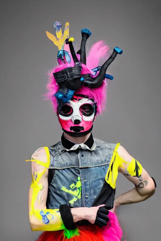 Prompt: a male character wearing a diy! costume dress, punk, with fluo colored details and a transparent mask, full body, muted colors, vivienne westwood, nausicaa, hyper real acrylic painting