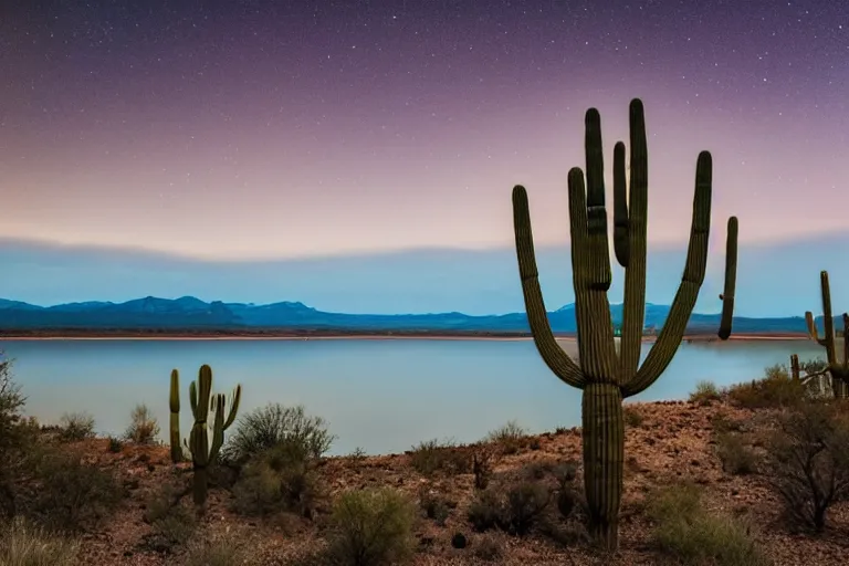 Image similar to beautiful landscape photography of an Arizona desert, lake, 1 cactus, nighttime