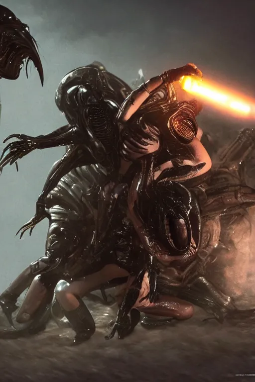 Image similar to A photo still of kim kardashian being tackled to the ground by aliens in the movie avp, highly detailed, artstation, concept art, sharp focus, illustration, cinematic lighting, wide-shot.