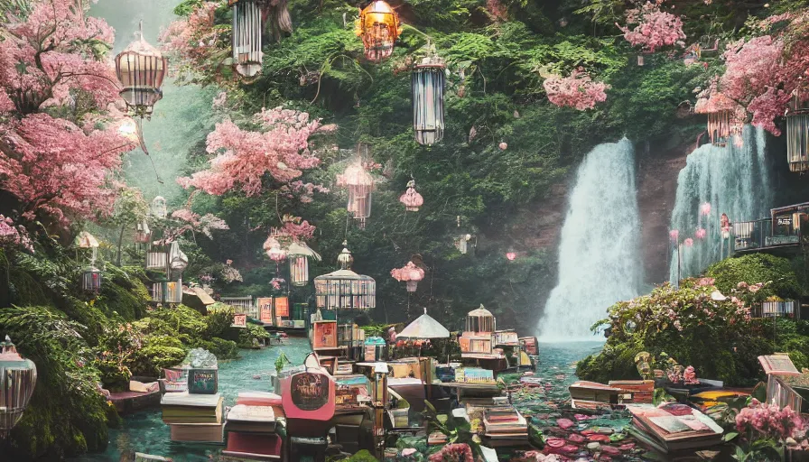 Prompt: a Wes Anderson 35mm film still of a very surreal magical bookstore with a beautiful waterfall inside, apothecary, botanical garden, falling cherry blossoms pedals, in the style of Gucci, glowing lights and floating lanterns, foggy atmosphere, rainy, moody, muted colors, magic details, very detailed, 8k, cinematic look, octane render, psychedelic,