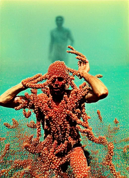 Image similar to realistic photo of a blurred face of a man, covered in shriveling dead coral reef, emitting aura, floating in the air with his arms stretched out on him 1 9 6 0, life magazine photo, natural colors, metropolitan museum, kodak, 8 k, very detailed, high resolution, product photo,