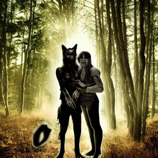 Image similar to werecreature consisting of! human and wolf, profressional photograph captured in a forest