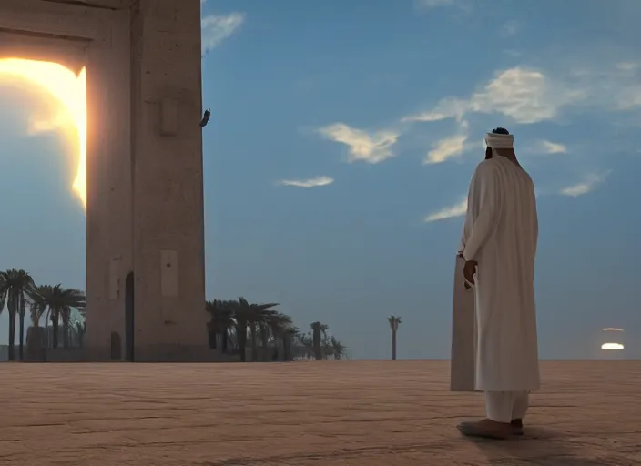 Prompt: jeddah city epic golden hour, magical time gate to another dimension, a man wearing a white robe standing watching over, dramatic lighting, dawn, by caspar david friedrich, unreal engine 5