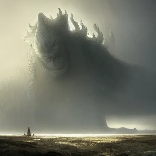 Image similar to giant colossus by grzegorz rutkowski and richard wright, atmospheric haze, stormy, tundra, princess in foreground, large scale