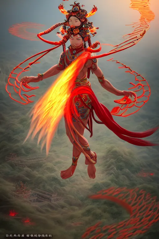 Image similar to nezha flies around swiftly on his wind flame circles in ruin chinese city, masterpiece, chinese mythology, top view, cinematic, fantasy character portrait, highly detailed, by new gods : nezha reborn, nezha : birth of the demon child, ne zha from smite, trending on artstation, concept art, flame everywhere,