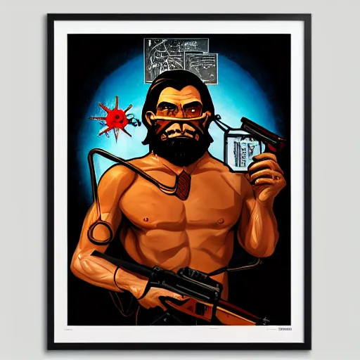 Prompt: saint homo neanderthalis, portrait, propaganda poster, with book of science on his right hand, and riffle, pop art, gta chinatown wars art style, bioshock infinite art style, hyperrealistic, two colors, white frame border, 4 k, uhd, remove duplicate content, align left content.