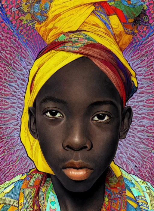 Image similar to colourful upper half portrait of an african boy - art by aya takano & alphonse mucha, magazine collage, highly detailed, digital painting, illustration, smooth, sharp focus, intricate, clustered, busy, pinterest, behance,