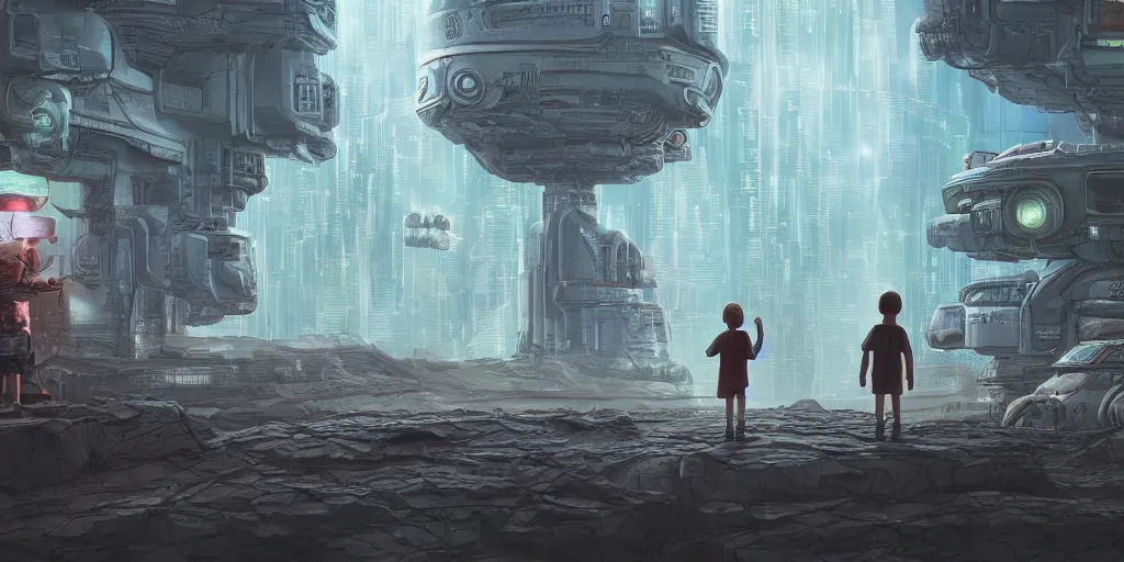 Image similar to highly detailed cell - shaded cartoon landscape with two boys looking at a miniature alien creature 1 9 8 0 s science fiction, 1 9 7 0 s science fiction, cyberpunk, moody, misty, depth perception, 4 k, artstation, in the style of studio ghibli