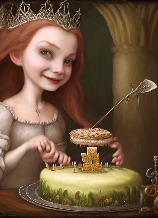 Prompt: highly detailed closeup portrait of a grinning irish fairytale medieval princess eating birthday cake, unreal engine, nicoletta ceccoli, mark ryden, lostfish, earl norem, global illumination, god rays, detailed and intricate environment