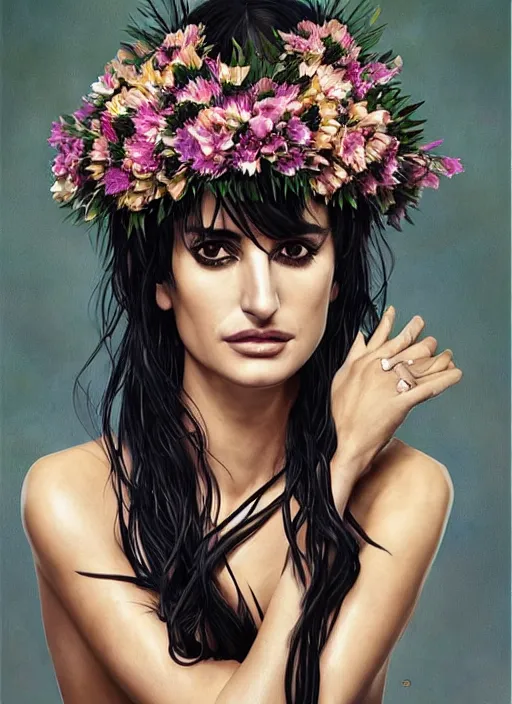 Prompt: penelope cruz with black hair wears floral crown, the witcher style, stoic attitude, zenithal lighting shadowing the push - up, ultra detailed, sharp focus highly detailed, sharp focus, golden background with flowers, photorealism, style of hajime sorayama, art by hirothropologie, artgerm and patrick demarchelier