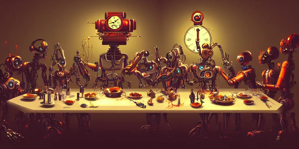 Prompt: clockpunk robot last supper, digital painting, trending on artstation, sharp focus, 4 k