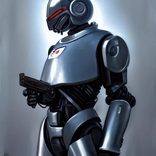 Image similar to greg manchess portrait painting of james murphy the robocop as overwatch character, aesthetic, medium shot, asymmetrical, profile picture, organic painting, sunny day, matte painting, bold shapes, hard edges, street art, trending on artstation, by huang guangjian and gil elvgren and sachin teng