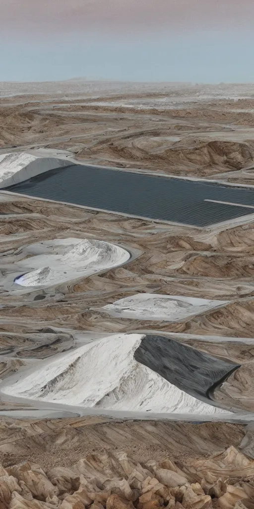 Image similar to a white stepped high tech architecture in the mining tailings in the desert, biroremediation plant, foggy, patchy cactus, oil painting, pale colors, high detail, 8 k, wide angle, trending on artstation, behance