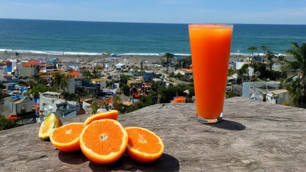 Prompt: oranje juice in the sunny beach