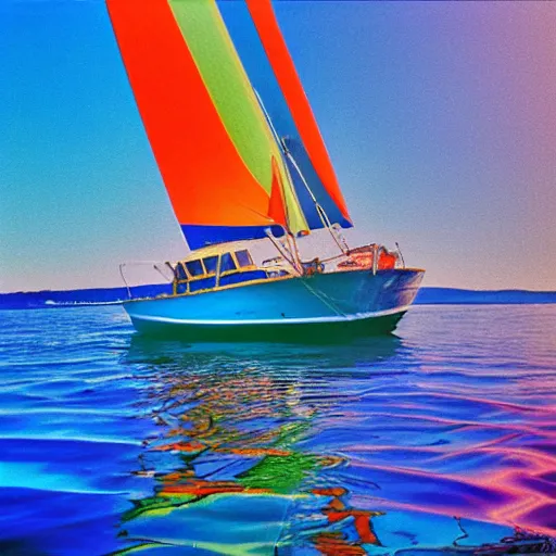 Image similar to colorful sailboat, photorealism, oversaturated blues, velvia film