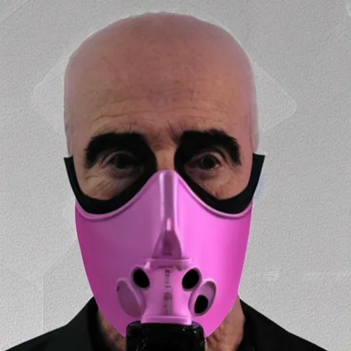 Image similar to Saruman wearing 3M superlab face shield and gas mask with pink filters on top of his head like Walter White