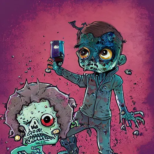 Image similar to Zombies are icy, zombies drink sprite and eat pizza, chibi style, artwork by eddie mendoza + moebius