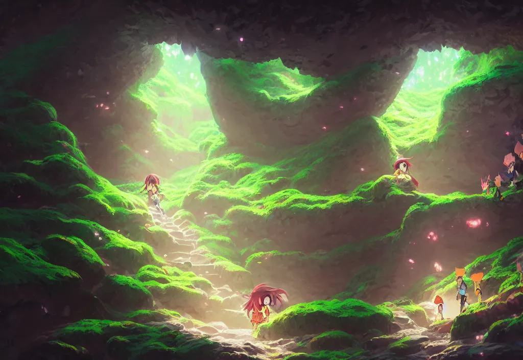 Prompt: a dark cave tunnel with crystals and moss, intricate oil painting, high detail illustration, sharp high detail, manga and anime 1 9 9 9, official fanart behance hd artstation by jesper ejsing and makoto shinkai, 4 k,